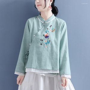 Vêtements ethniques Coton et lin Style chinois Femmes Lâche Casual Vintage Boucle Collier Collier Blouses Femme Printemps Cheongsam Top 31809