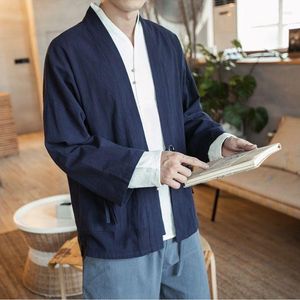 Vêtements ethniques Veste en coton Amélioration du lin Hanfu Kimono japonais masculin Cardigan à double boutonnage Manteau ample court Taichi Plus Size With