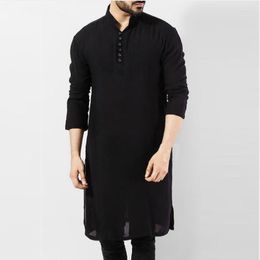 Vêtements ethniques coton Jalabiyat Ramadan 2023 couleur unie arabe hommes longue chemise musulman hommes Robe manches Abaya islamique Thobe Eids