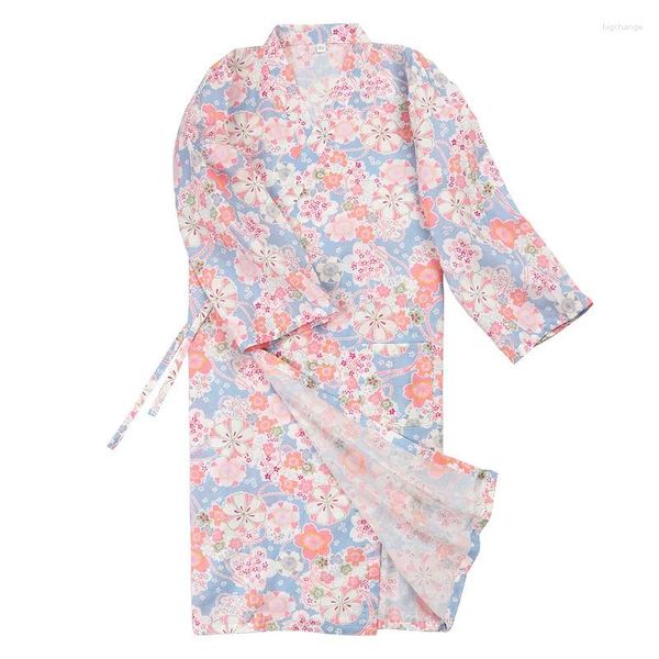 Vêtements ethniques Cotton Kimono Pajamas 2024 Été Soft Floral Printing V-col