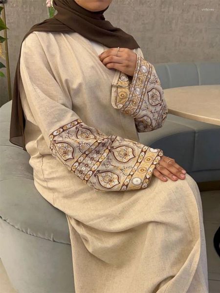Ropa étnica Algodón Liene Bordado Musulmán Abaya para mujeres Eid Robe Vestido Marruecos Ramadán Abayas Kaftan Islam Cardigan Dubai Árabe Largo