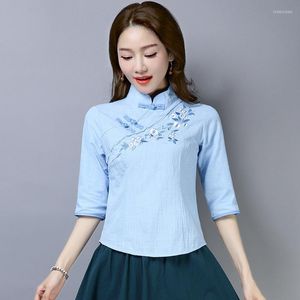 Ropa étnica algodón Lino estilo chino Qipao camisa para mujer blanco Hanfu bordado Retro verano suelta Han Fu blusa tradicional Top