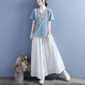 Vêtements ethniques Coton Lin Brodé T-shirt Femme Col V Style traditionnel chinois Robe orientale à manches courtes Hanfu