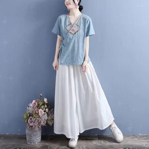 Vêtements ethniques coton lin brodé femmes t-shirt col en v Style traditionnel chinois robe orientale manches courtes Hanfu