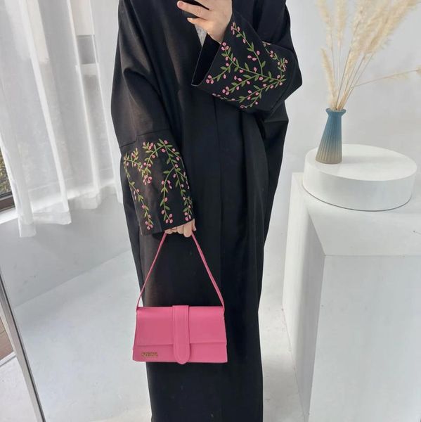 Ropa étnica Algodón Lino Abierto Abaya Bordado Floral Kimono Musulmán Hijab Vestido Abayas Para Mujeres Dubai Turquía Islámico Modest Kaftan
