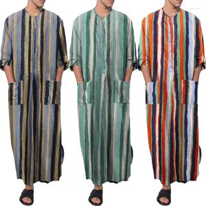 Vêtements ethniques Coton Vintage Hommes Robes À Rayures Islamique Pour Le Pakistan Hommes Poches Lâches À Manches Longues Arabie Saoudite Jubba Thobe Kaftan Musulman