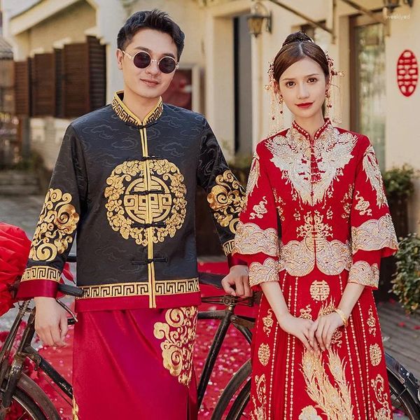 Vêtements ethniques Couple Phoenix Broderie Cheongsam Chinois Rouge Robe de mariée ancienne Oriental Vintage Hanfu Qipao