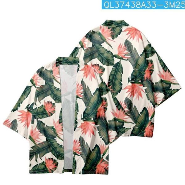 Vêtements ethniques Couple Femmes Hommes Feuilles Vertes Fleur Rouge Imprimé Lâche Cardigan Haori Yukata Casual Été Kimono Beach Shorts Streetwear