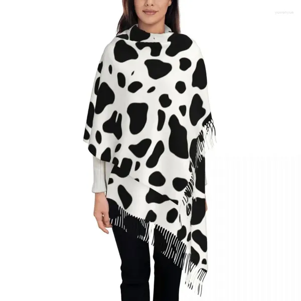 Vêtements ethniques Écharpe à motif de vache pour femmes chaudes d'hiver châle enveloppement noir blanc moderne mignon grandes écharpes avec gland usage quotidien