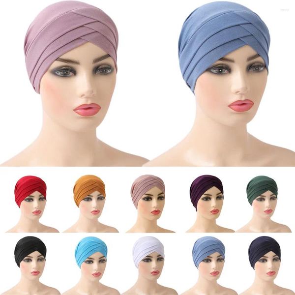 Ropa étnica Cruz Turbante Mujeres Musulmanas Hijab Tapa interior Chemo Stretch Head Bufanda Islámica Beanie Bonnet Color Sólido Cubiertas de pérdida de cabello