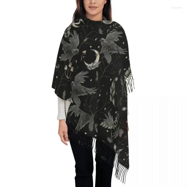 Ropa étnica Crow Moon Bufanda Wrap para mujeres Largo Invierno Otoño Cálido Borla Mantón Unisex Halloween Spooky Bruja Bufandas