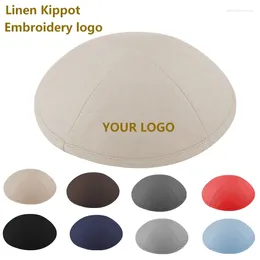 Etnische Kleding Aangepaste Linnen Kippot Zwart Katoen Keppels Borduren Logo Bruiloft Joodse CapsYarmulkes Met Metalen Haarspeldjes 100 stks/partij