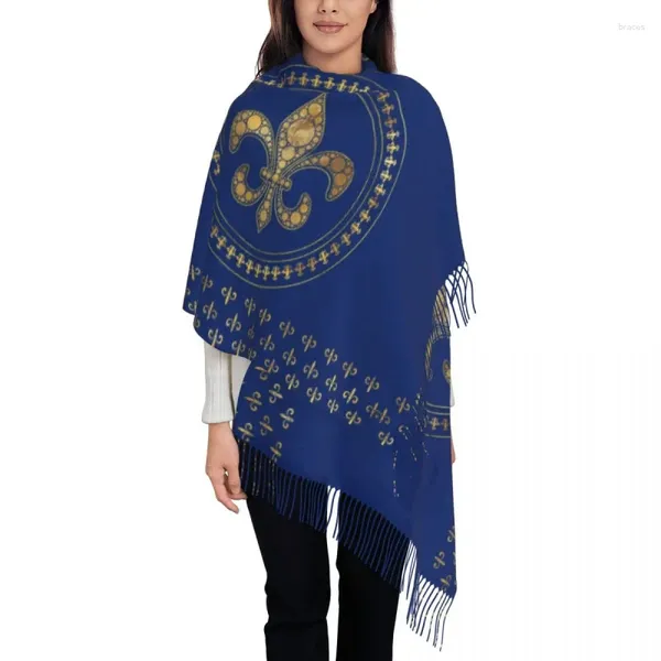 Vêtements ethniques Impression personnalisée Fleur-De-Lys Gold et Royal Blue Écharpe Hommes Femmes Hiver Automne Foulards Chauds Fleur De Lis Fleur Châle Wrap