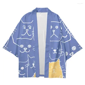 Ropa étnica lindo gatito impreso yukata hombres mujeres moda cardigan blusa haori obi ropa asiática harajuku japonés cosplay kimono