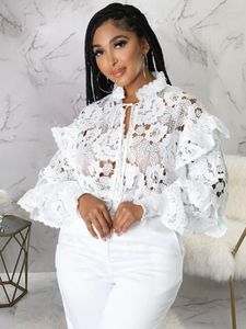 Etnische kleding Dashiki Afrikaanse shirts voor vrouwen Elegante Hollow Out Lace Out Lace Sheer See Through Top Blouse 2022 Herfst