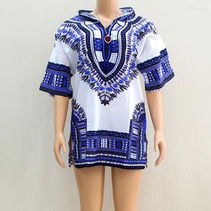 Vêtement Ethniques Dashiki Africain Col V Blanc Bleu Manches Courtes Poches Indie Folk 2023 Design Coton