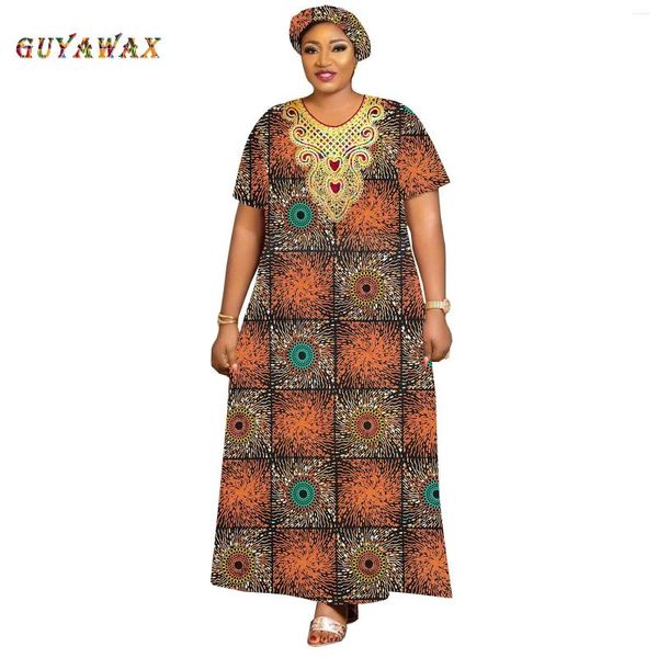 Vêtements ethniques Dashiki robes pour femmes sur mesure manches courtes longueur cheville robe en coton décontracté avec foulard imprimé tenue tenue