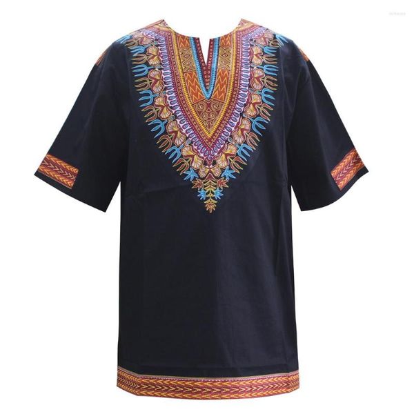 Ropa étnica Dashiki Impresión 2023 Camiseta africana para adultos Pequeño con cuello en V Manga corta Verano Anakra Tops tradicionales Material de algodón