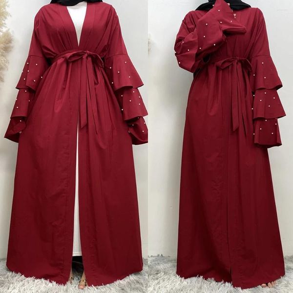 Design de vêtements ethniques 2024 mode modeste mode simple perle kimono rouge ouvert Abaya Modèle musulman de l'islam Dubaï