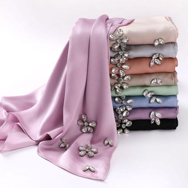 Designers de vêtements ethniques Diamants Satin Hijab Foulard en mousseline de soie Femmes Foulards de soie de luxe Femme Turban Foulards pour bandeau Bandana