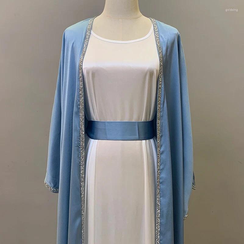 Ethnic Clothing Diamond 2 Piece Abaya Set EID High Quality Wholesale Satin Kimono Slip Dress Drop Islamic Muslim Ramadan
