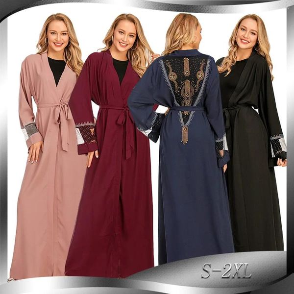 Ropa étnica Diamond Lace-up Party Dress Cardigan Abaya para mujeres Manga larga Abayas Patchwork Vestidos musulmanes Eid Caftan Cabina de noche