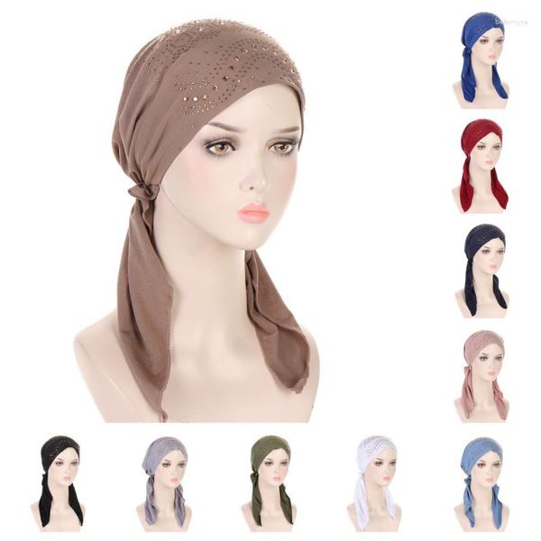 Vêtements ethniques Diamond Couleur solide élastique longue queue de turban chapeaux Fashion Islamic Muslim Femmes enveloppés Capeur de casquette de casquette