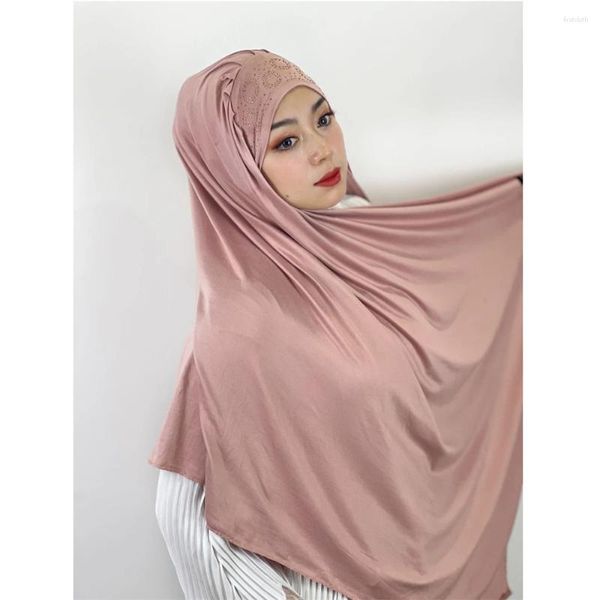 Ropa étnica Diamantes Frente Hijab Bufanda Plain Jersey Musulmán Instant Tie Back Headwrap Mujeres Velo Chales Ramadán Islam