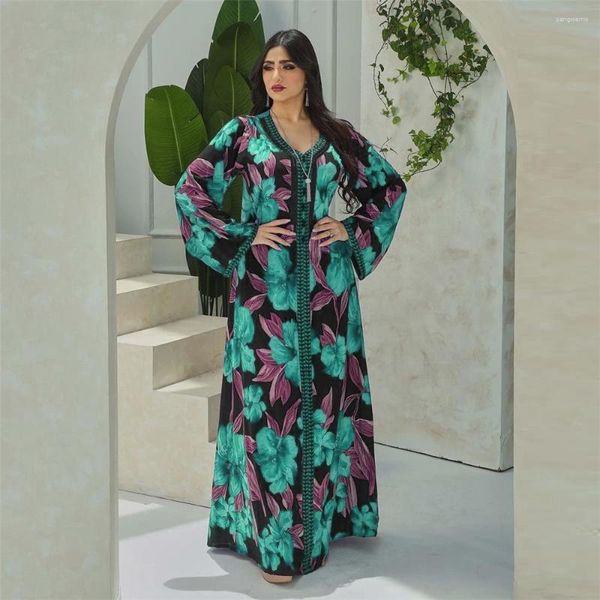 Vêtements ethniques Diamants Jalabiya Femmes Floral Print Maxi Robe Eid Mubarak Ramadan Abaya Djellaba Dubaï Turquie Kaftan Robe de soirée musulmane