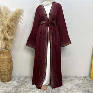 Vêtements ethniques Diamants Ouvert Abaya Dubaï Turquie Kaftan Femmes Musulman Ceinture Maxi Robe Islamique Kimono Cardigan Ramadan Eid Jalabiya Robe