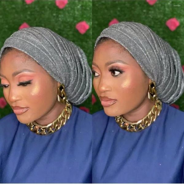 Diamantes de ropa étnica Capa de turbante para mujeres Africano Auto Gele Headtie Aso Oke Nigeria Pleated Headscarf Muslim Hijab Hat Jequera