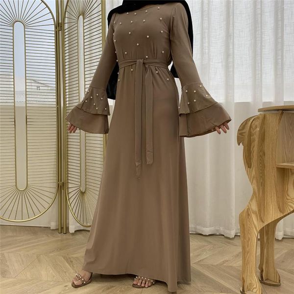 Ropa étnica Donsignet vestido musulmán moda Oriente Medio Eid Duabi Abaya Turquía bata multicapa manga trompeta cinturón con cuentas delgado