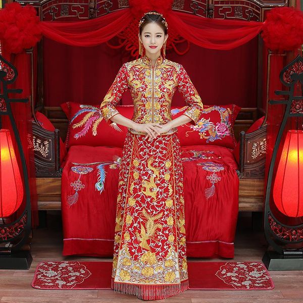 Vêtements ethniques robe de Dragon robe de mariée de Style chinois Costume Phoenix Cheongsam spectacle de soirée mince pour le