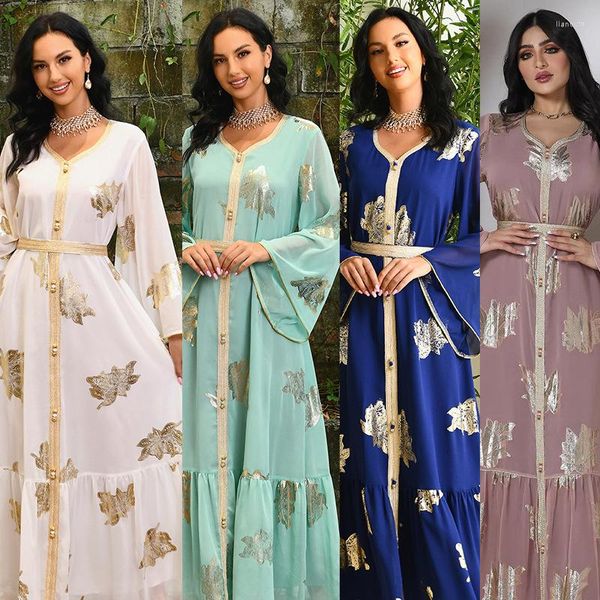Robe de vêtements ethniques Moyen-Orient Mode Gold Stampée en mousseline de mousseline Abaya Dubai Muslim