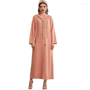 Vestido de ropa étnica Tubo de oro rosa Hecho a mano Diamante Túnica con capucha ABAYA Elegante 2023 Moda Ramadán Vestidos musulmanes Dubai Medio