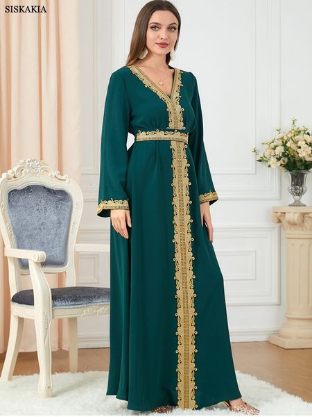 Robes de vêtements ethniques pour femmes musulmanes dentelle broderie col en V à manches longues fête maxi robe avec ceinture élégante marocaine caftan dinde porte 230325