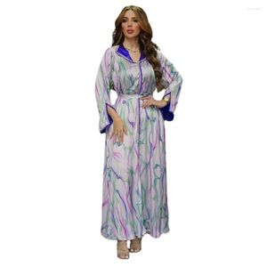 Habillement Ethnique Robes En Soldes Perles Col V Satin Manches Longues Ceinture Rayé Bleu