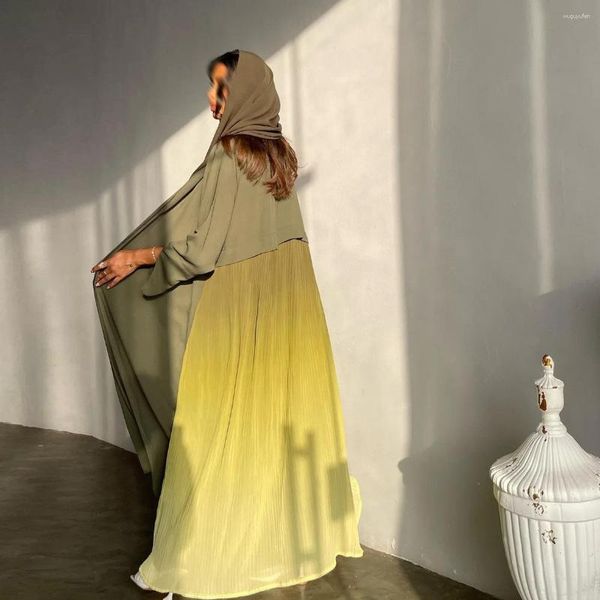 Ropa étnica Dubai Abaya Gasa Espalda Patchwork Plisado Vestidos árabes Cardigan Musulmán Turquía Kimono Vestido largo Ramadán Eid Islámico
