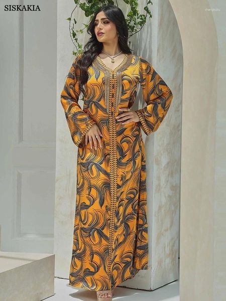 Vêtements ethniques Dubaï Abaya pour femmes Imprimer Robe Diamonds Tape Trim V-Cou Kaftan Robe marocaine 2023 Ramadan Dames Robes turques