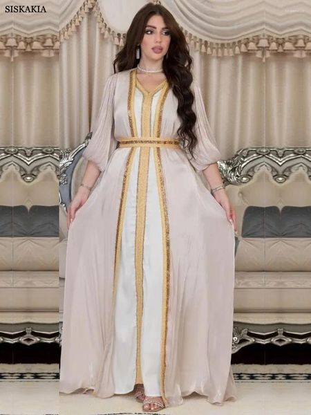 Ropa étnica Dubai Abaya Lujo para mujeres musulmanas Diamantes con cuello en V Cinta de encaje con cinturón Kaftan 2 unids Moda modesta Vestidos largos Ropa de Ramadán