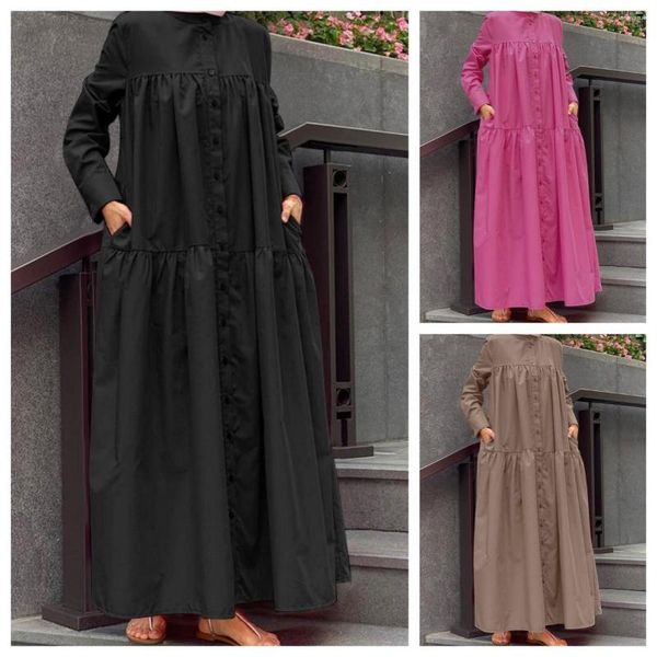 Vêtements ethniques Dubaï Arabe Printemps et automne Mode musulmane Style lâche Cardigan de banlieue Col debout Longue robe en lin de coton solide