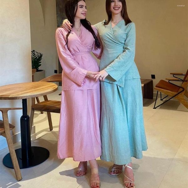 Ropa étnica Dubai Tops de otoño y falda Conjuntos musulmanes para mujeres Lace Up Cardigan Shirt Vestido Islam Modest Elegant Trajes femeninos