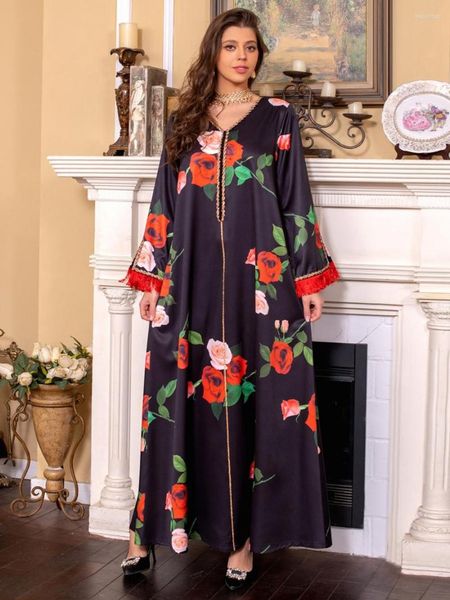 Ropa étnica Dubai negro Abaya vestido mujer musulmán verano Rosa rojo estampado Kimono Oriente Medio Ramadán bata mujer rebordear moda larga