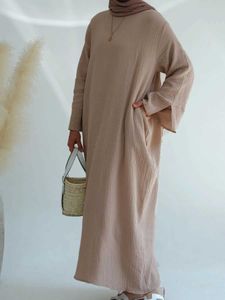 Vêtements ethniques Dubaï Cauvre confortable 100% coton Abaya pour femmes Saudi Turc Vêtements Fashion Solide Slve Muslim Robe avec poches T240510