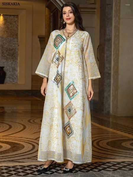 Vêtements ethniques Dubaï Soirée Party Gold Mesh broderies Sequins à manches longues V-Neck Casual Abaya Fashion Chic Saudi Femmes Kaftan