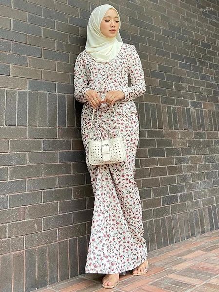 Ropa étnica Dubai Moda Gasa Floral Draw String Chic y elegante Mujer Vestido de noche Jalabiyat Manga larga Slim Fit Marroquí Arabia