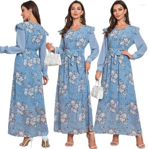 Vêtements ethniques Dubaï Fashion Floral Imprimé Abaya Musulman Femmes Murbelle Ruffle Long Manche Maxi Robe décontractée Kaftan Islam Gowning Bile