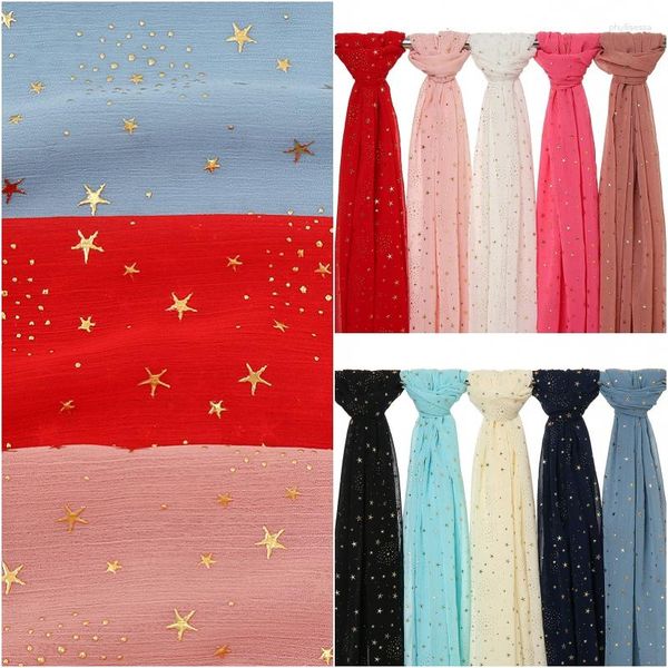 Ropa étnica Dubai Fashion Ladies Light Fino Gold Impreso Largo Bufanda Islámica Chifón envuelto Patrillo de estrella de la playa de la playa Hijab