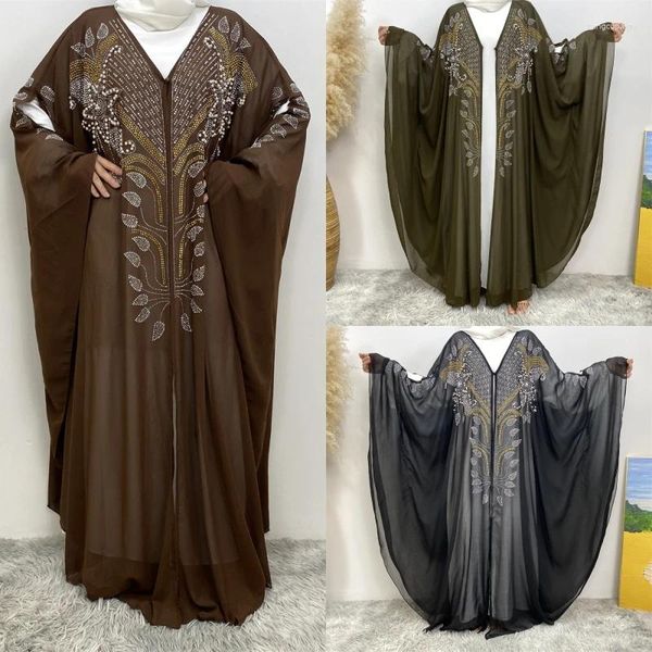 Ropa étnica Dubai Moda Vestido de fiesta Batwing Manga con cuentas Cardigan Musulmán Abaya Marruecos Robe Vestido Suelto Caftan Ropa Africana