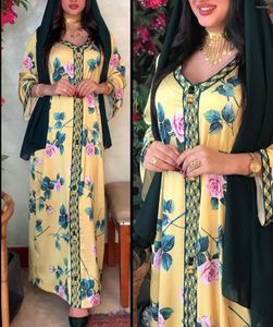 Etnische kleding Dubai Jalabiya Fashion Muslim Abaya -jurk voor vrouwen Eid 2022 Marokkaanse Caftan Turkije Arabische Oman islamitisch geel